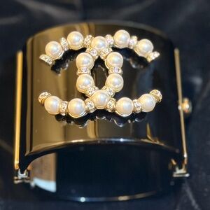 Chanel Black Pearl and Crystals Logo Cuff Bracelet